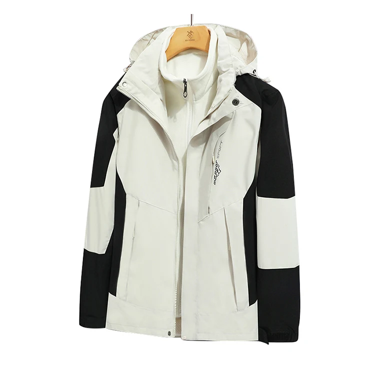 Three-in-one removable fleece-lined waterproof and windproof softshell jacket/hooded coat for women and men, autumn warm outdoor patchwork casual jacket.