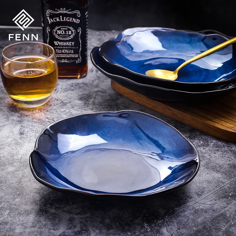 product fenn luxury ceramic tableware modern hotel dish plate blue glazed porcelain catering dinner soup plate set dish  plate-64