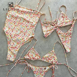 Pastel Floral Print Push up Halter 2 Piece Set Digital Print Custom Logo XL Swimwear Collection