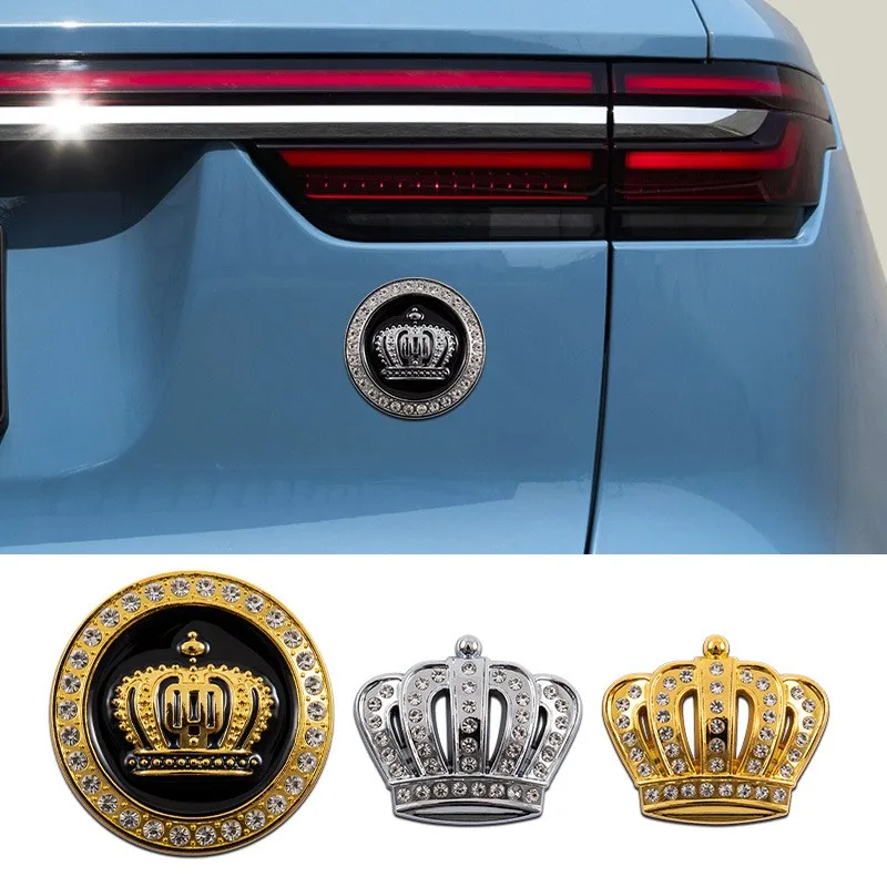 Diamond Crown Embleem 3D Knipperende Auto Embleem Sticker Metalen Auto Sticker Decoratie Auto Exterieur (Klein Goud