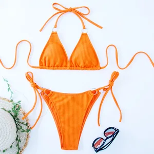 Sexy Solid Color 2-Piece Beach Bikini Set Logo Bandeau Bra with Customized Logo on Waist
