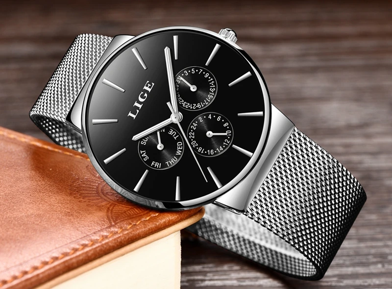 top brand lige watches men super slim mesh stainless steel