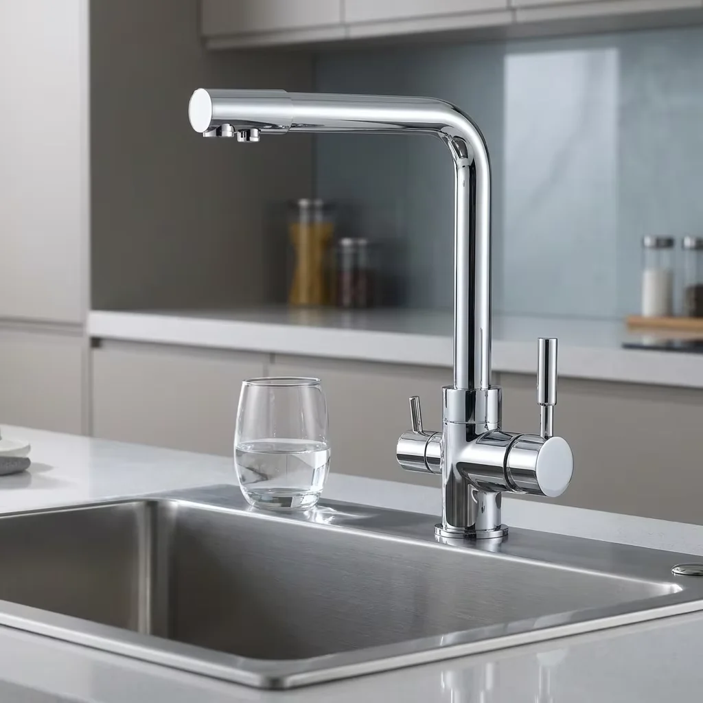 Kitchen sink setup showing faucet with filtered water dispenser
