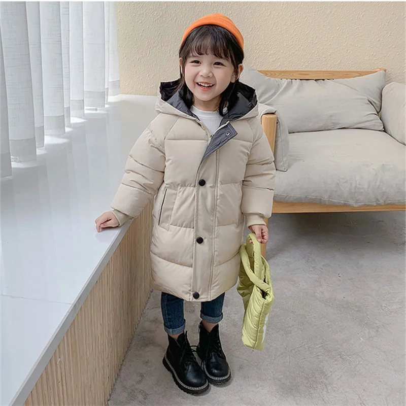 Детская стеганая парка с капюшоном, однотонная теплая Длинная зимняя куртка для мальчиков и девочек, 2022