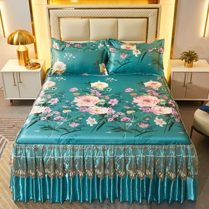 Luxury Cool Ice Silk Fiber Mat Floral Print Cooling Bed Skirt Pillowcase 3 Pieces Set for Summer