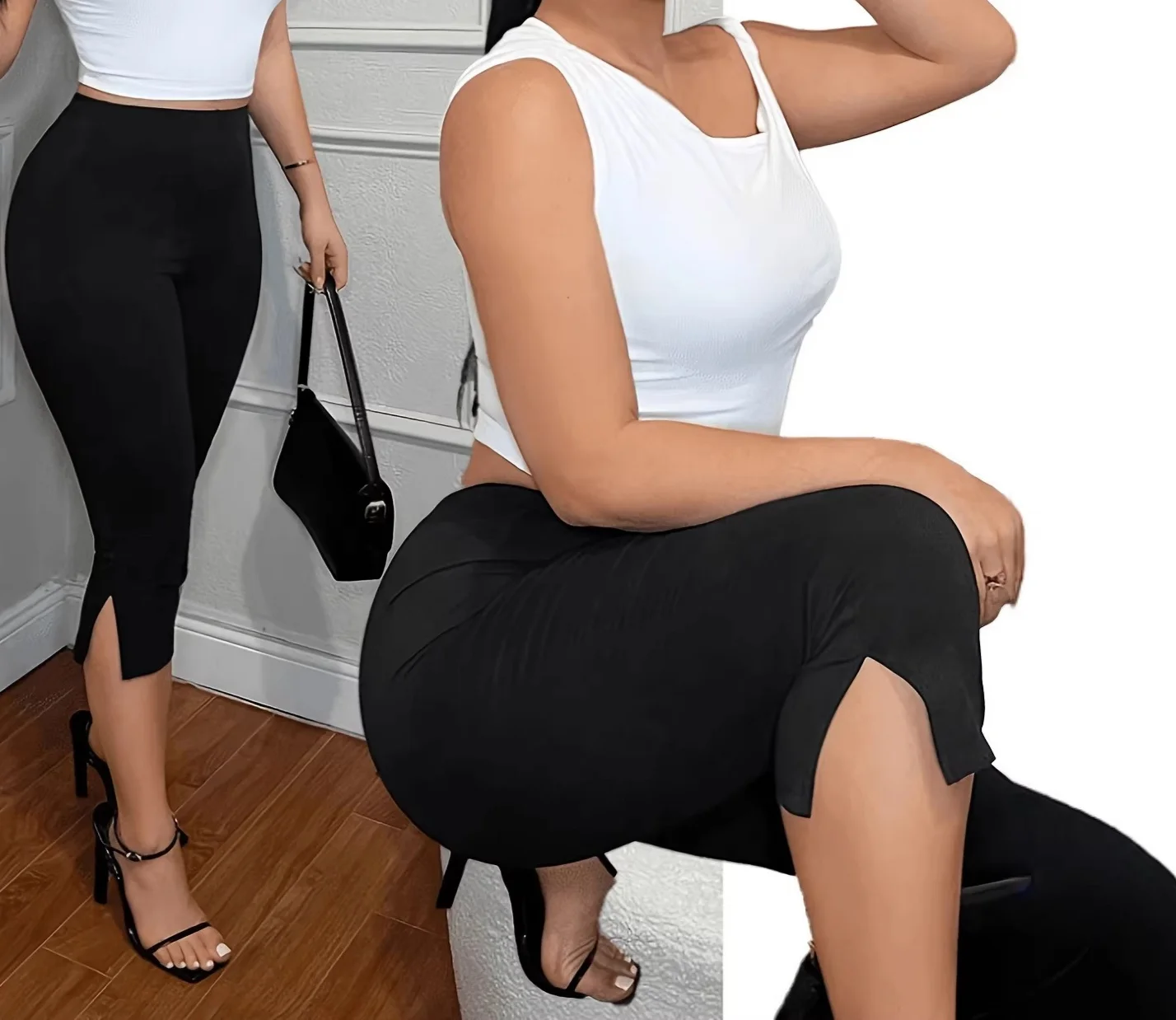 Tight Fitting Seven Quarter Pants with Elastic Waist Slim Fit Casual Tight Pants thumbnail