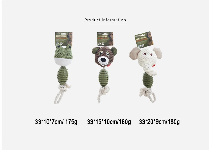 3 color options green white brown squeaky rope plush dog toy