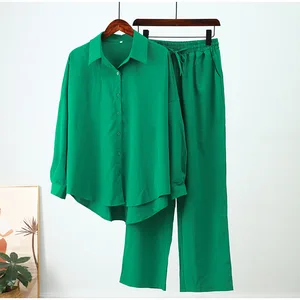 Wholesale 2023 Spring and Autumn Fashion New Loose Elastic Wrinkle Long Sleeve Shirt Wide Leg Pants Casual Women's Set