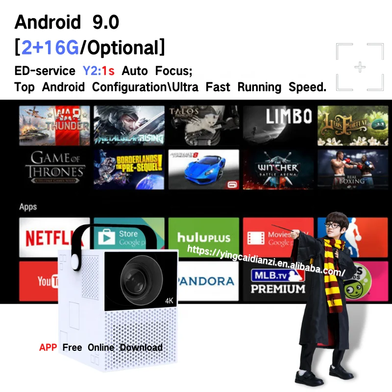 Компактный умный Wi-Fi проектор с сенсорным экраном, 1920*1080P, 2 + 16 ГБ, Android 9,0, 4K