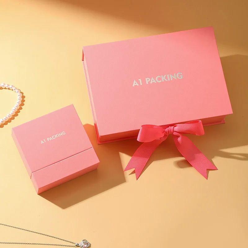 High-End Custom Logo Pink Magnetic Square Flip-Top Jewelry Gift Box Double-Layered Drawers for Rings Necklaces factory
