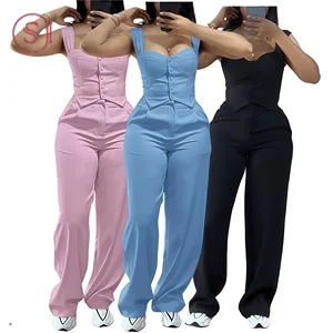 SH3228 Fashion Spring Summer Street Wear Sexy Outfit Women Clothing Sleeveless Square Neck Button Top and Pant 2 Piece Set