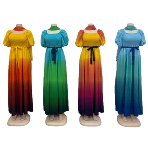 Summer New Casual Women's Pleated Skirt Gradient Color Layered Ruffles Loose Elegant Short-Sleeved Dress