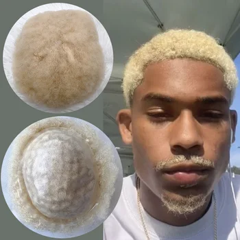 Blonde Afro Kinky Curly Black Mens Units 100% Raw Virgin Human Hair System V Looped PU Thin Skin Base Natural Hairpiece Toupee