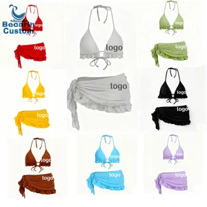 OEM Stretchy Triangle Bikini with Wrap Skirt Elegant Ruffles Bikini with Wrap Skirt Bathing Suits Beach Pool Swimsuit for Women