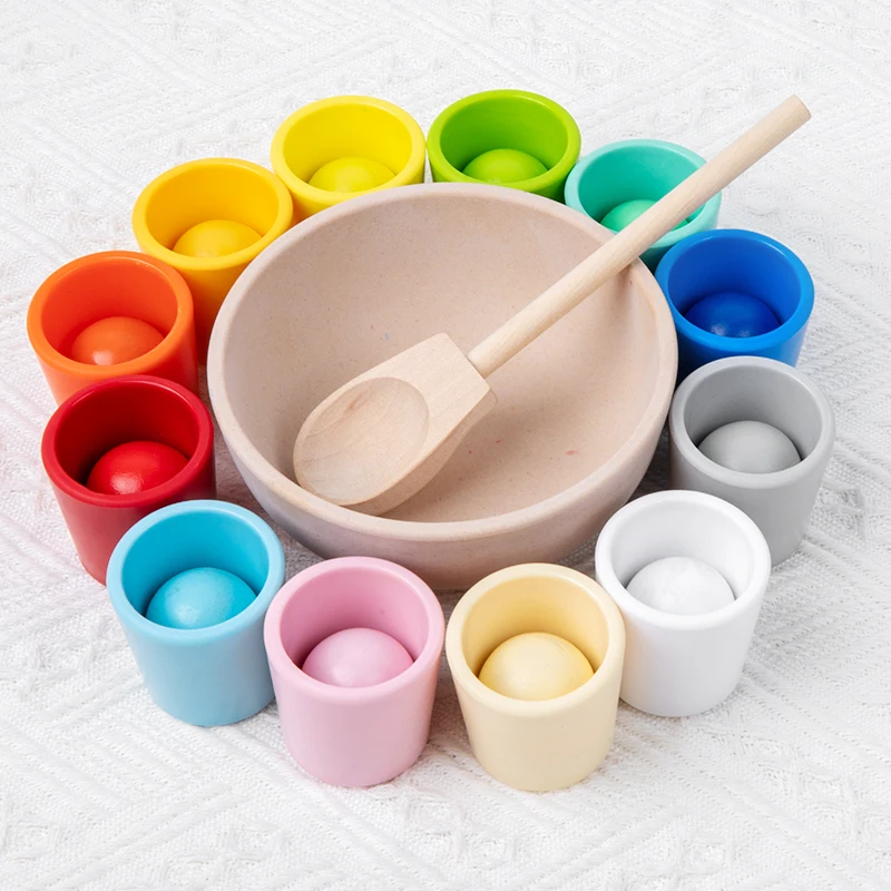 12pcs Colorful Wooden Balls and Cup Set Kids Montessori Educational Toys for Toddler Color Classification Counting