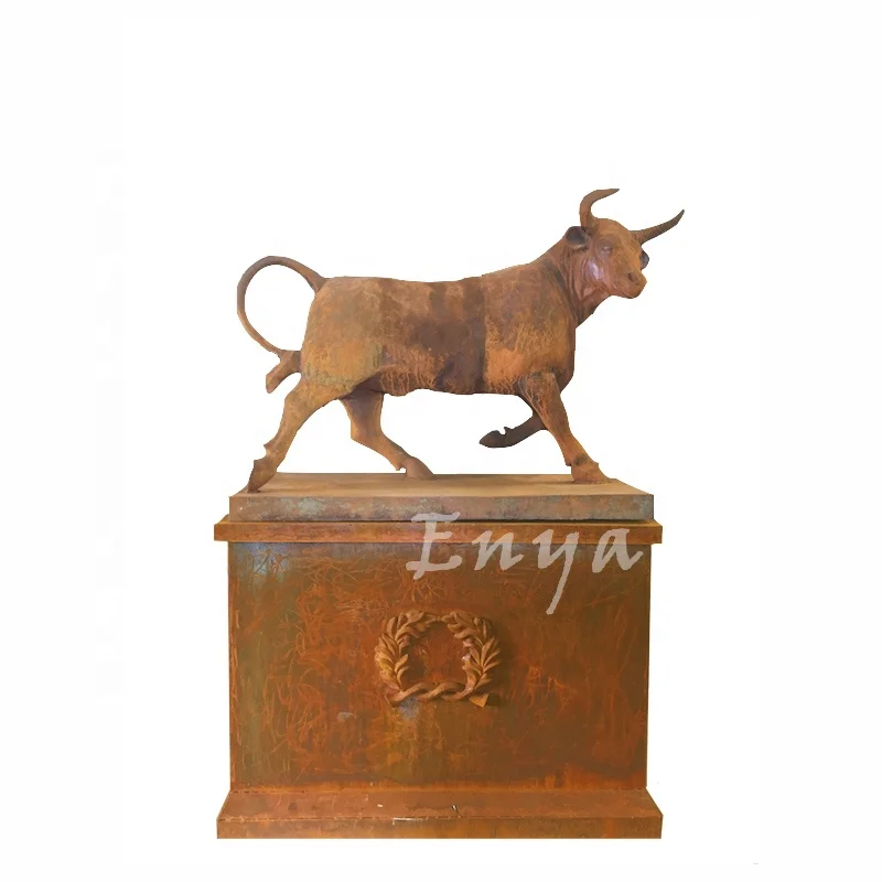 Giant Iron Casting Lifesize Charging Bull Statue Figure on Plinth, Garden Lawn Ornaments Large Animal Sculpture