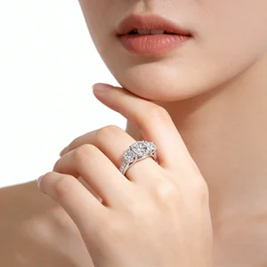 Three Stone Round Engagement Ring 925 Sterling Silver Band with Pave Side Stones Brilliant Cut Simulated Diamond Jewelry Women