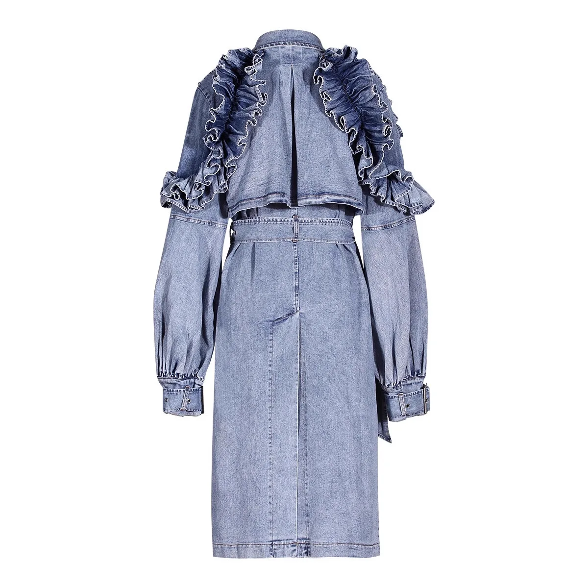 European American Style Vintage Denim Poncho Autumn Winter New Women's Fashion Waist-Cinching Puff Sleeve Coat