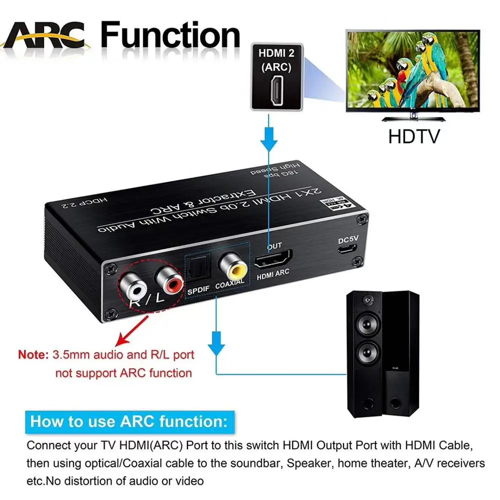 2x1 for HDMI 2.0b ARC 4K 60Hz Switcher 3.5mm R/L Coaxial SPDIF Audio Extractor 2 Input 1 Output Conmutador Audio Video