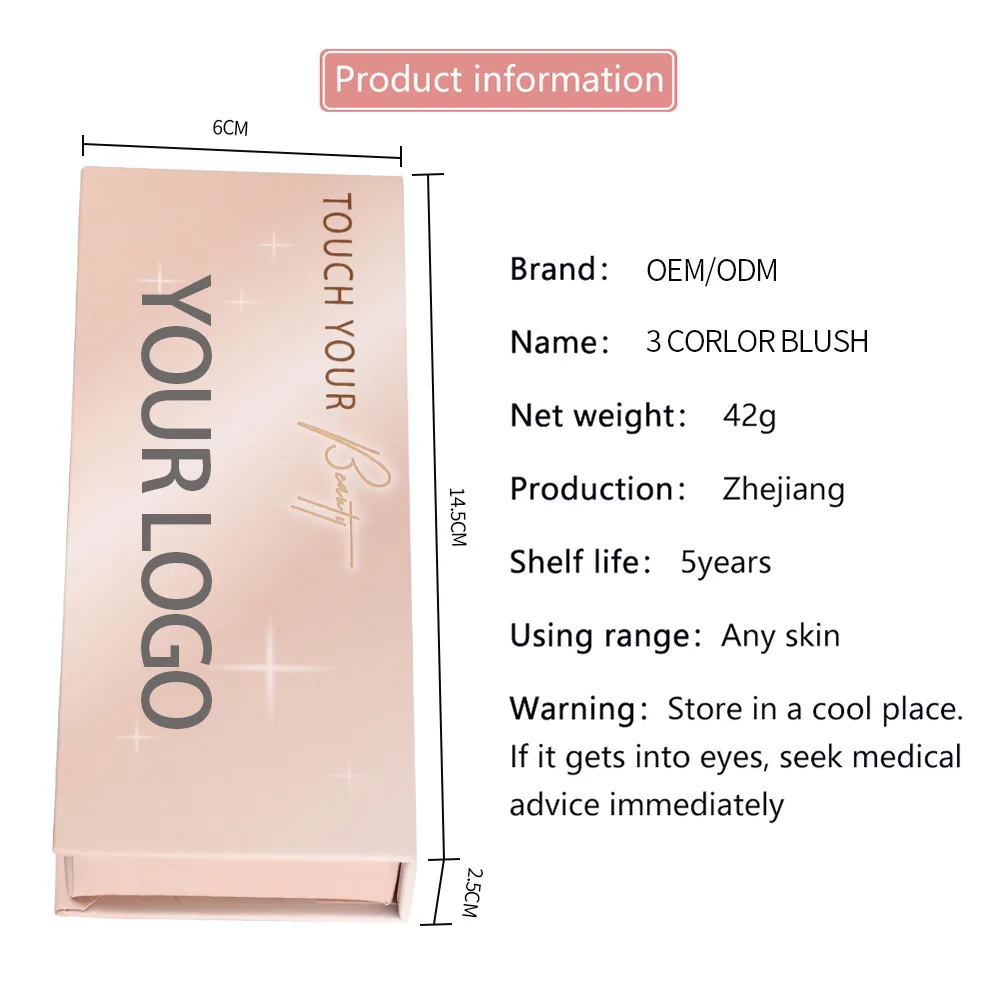 Новый дизайн индивидуальных этикеток водонепроницаемый натуральный щеки 3 вида цветов длительный макияж румяна палитра для женщин