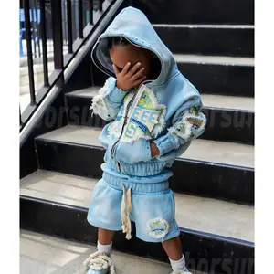 Custom Kids Vintage Washed Sewatpants Shorts and Hoodie Set Rhinestone Distressed Embroidery Two Piece Sets Sweatsuits Set