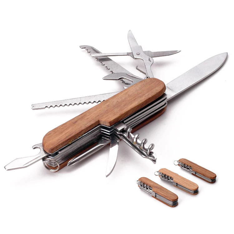 Wholesale Small Folding Pocket Knife 11 in 1 Multifunctional Wood for Swiss Knife with Stainless Steel Blade OEM Customizable