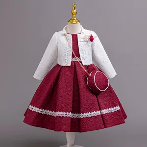 High Quality New Girl's Formal Princess Dress Set O-Neck Long Sleeves Mesh Lace Sequins Flower Decoration Knee-Length Children's