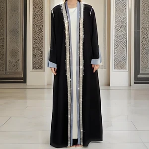 One Piece Luxury Classic Open Abaya With Pearls Sleeves Customized Elegant Modest Shinny Beads Black Islamic Abaya