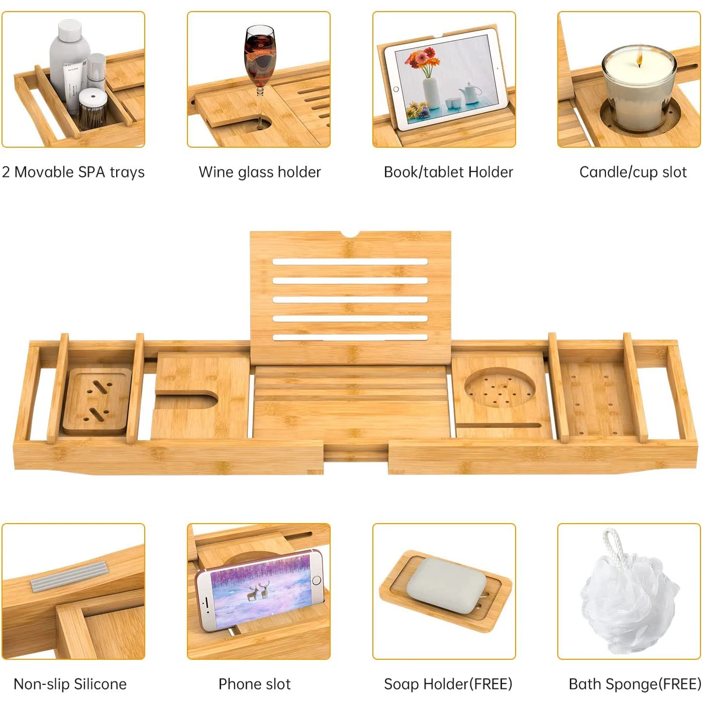 Bamboo Tub Expandable Shower Tray Bathtub Caddy Carton Box Wooden Caddy