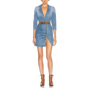 New Fashion Blue Denim Wash 3/4 Long  Sleeve Ruffled Causal Bodycon Blazer Dress Women