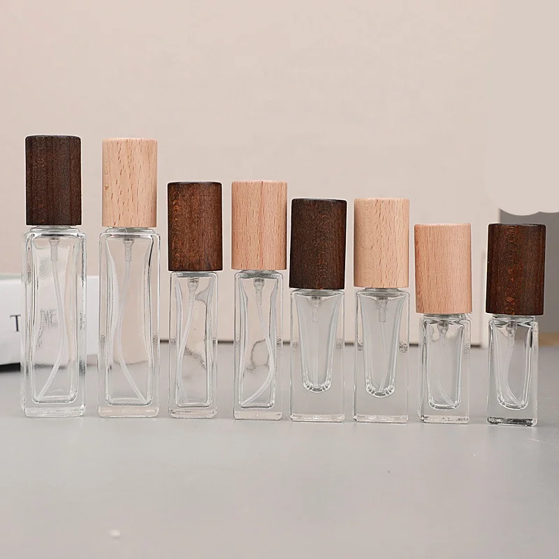 Fancy Crystal 5 ml 6 ml 10 ml Refillable Atomiser square Wooden Cap Perfume Bottles Spray Wood Cap