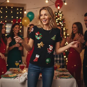 Christmas Fashion Crew Neck Custom Embroidery Sequin T-shirt Oversized Casual Plus Size High Quality