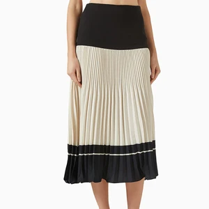 Wisrise Fashion Minimalist Casual Black  Beige Pleated  Contrast Panel A-line Midi Skirt