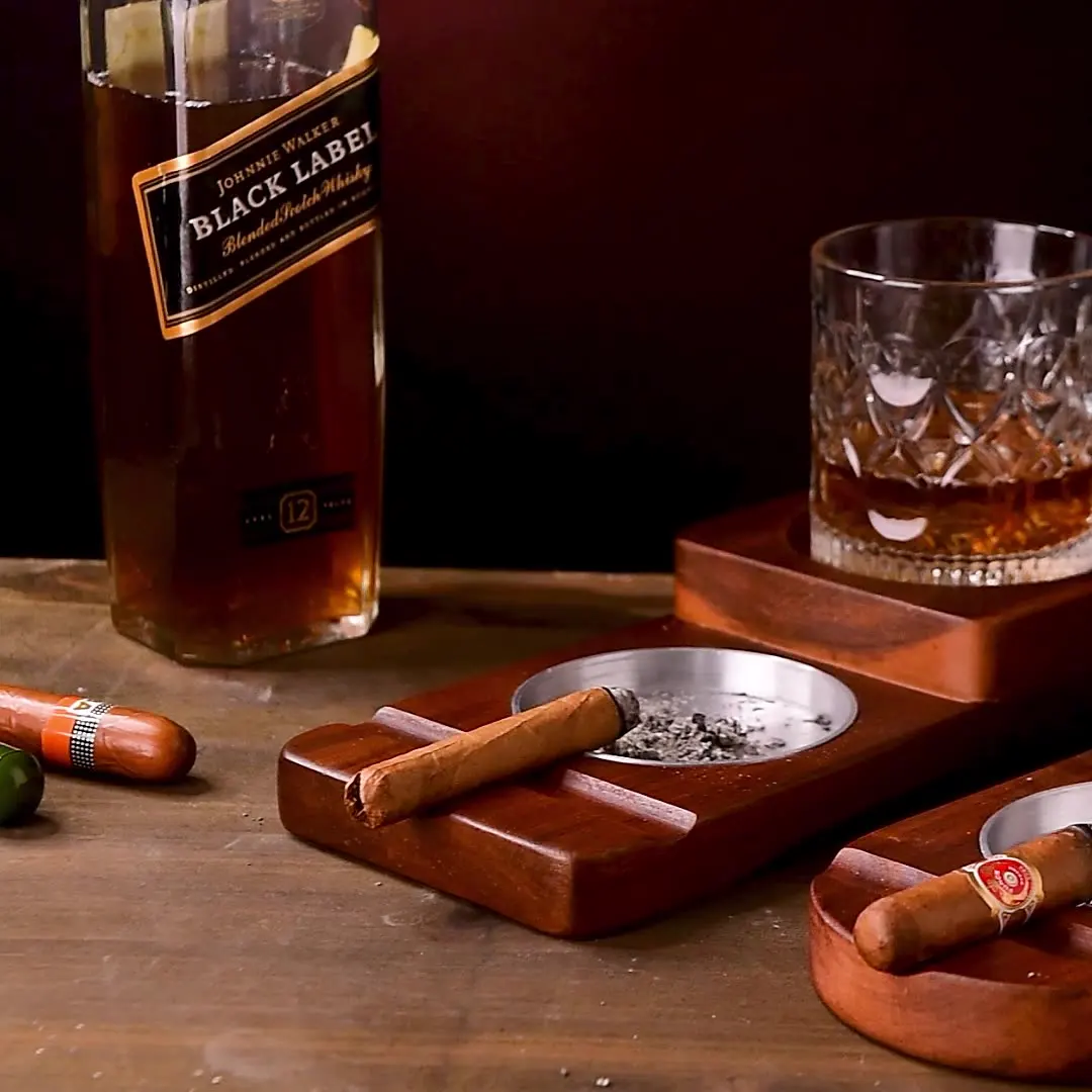 Solid Wood Whiskey Cup Holder And Cigar Ashtray