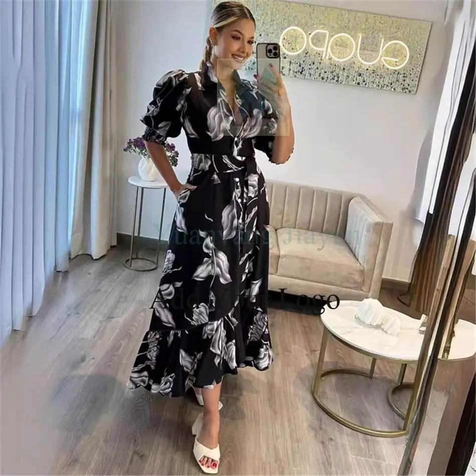 Autumn Fashion Floral Print Short Sleeve Slim Waist Shirt Dress Women's Knee-Length Dresses 11 Autumn Fashion Floral Print Short Sleeve Slim Waist Shirt Dress Women's Knee-Length Dresses 11