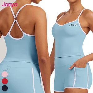 Janya Color Blocking Cross Back Women Yoga Tank Top Removable Pads Quick Dry Breathable Workout Fitness Sports Vest Gym Yoga Top