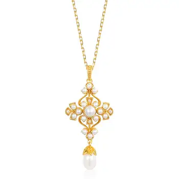 Vintage gold plated jewellery sterling silver drop flower pearl necklace for women