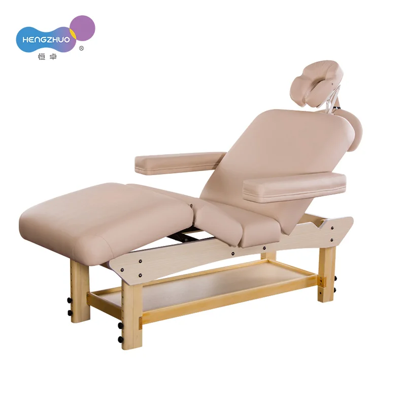 Chinese Style Wooden Massage Table with Large Storage Curved Lash Bed Height Adjustable Spa Bed for Salon Made of Solid Wood