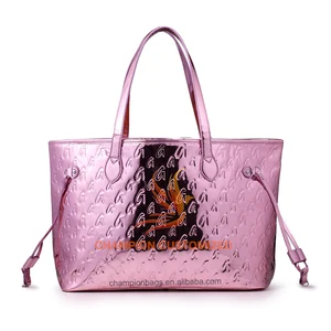 Customized Monogram Logo Metallic Rose Gold Leather Ladies Tote Bag Shoulder Handbag Purse for Women