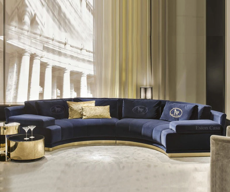 ヨーロピアン北欧スタイルのブルーヴェルベット半円ソファ