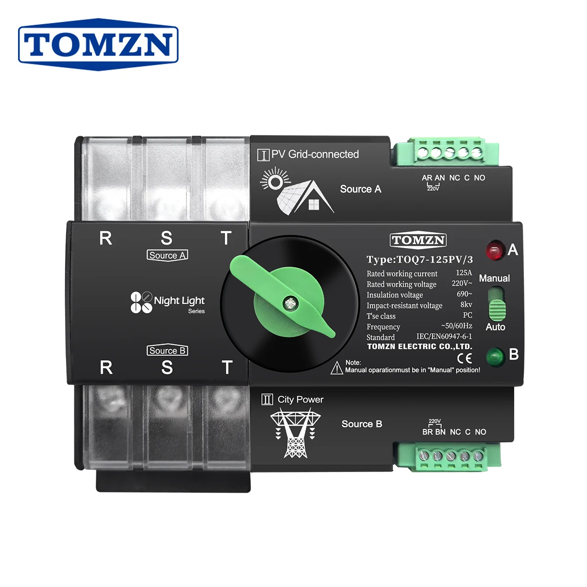 TOMZN Din Rail 3 phase ATS 3P 63A 100A 125A 230V Dual Power Automatic Transfer Electrical Selector Switch Uninterrupted TOQ7