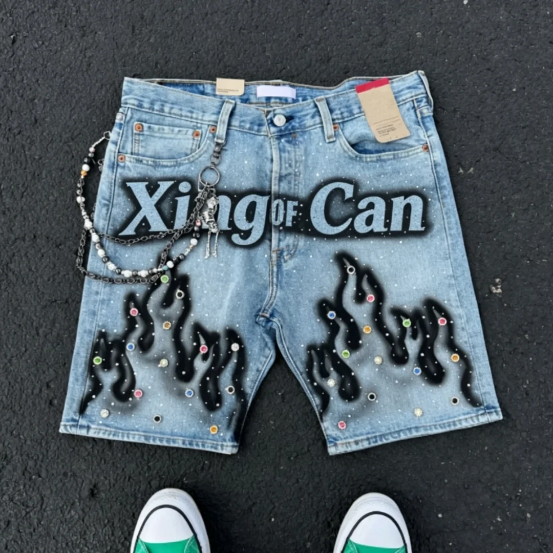 Výrobce džínu, streetwear, individuální džínsové kraťasy z 100 % bavlny, retro kyselinové praní, digitální potisk DTG, kryštalové kamínky, horkovou opravou připevněné kryštalové kamínky
