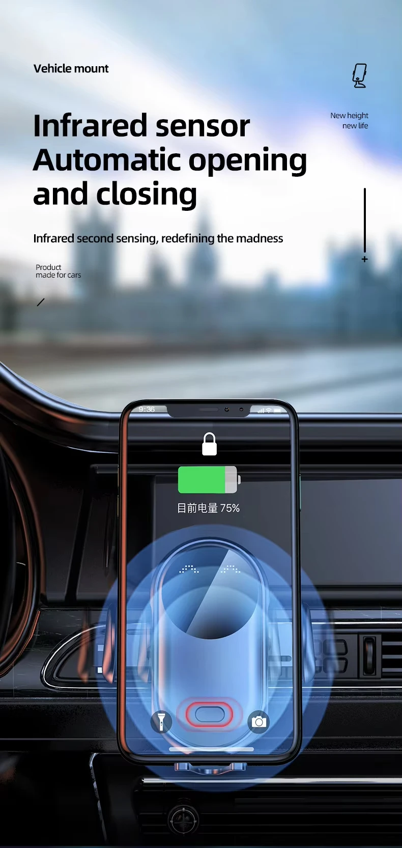 Intelligent 15W Smart Sensor Wireless Charger Fast Car Phone Holder Stand for Phone Android Adjustable with Charging Function
