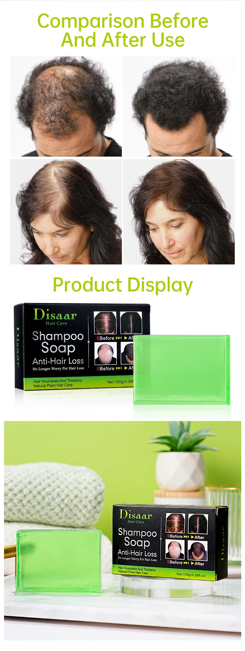 Disaar 3 pasos revitalización Anti pérdida de cabello planta natural cuidado del cabello Ginseng aceite de argán crecimiento del cabello champú jabón