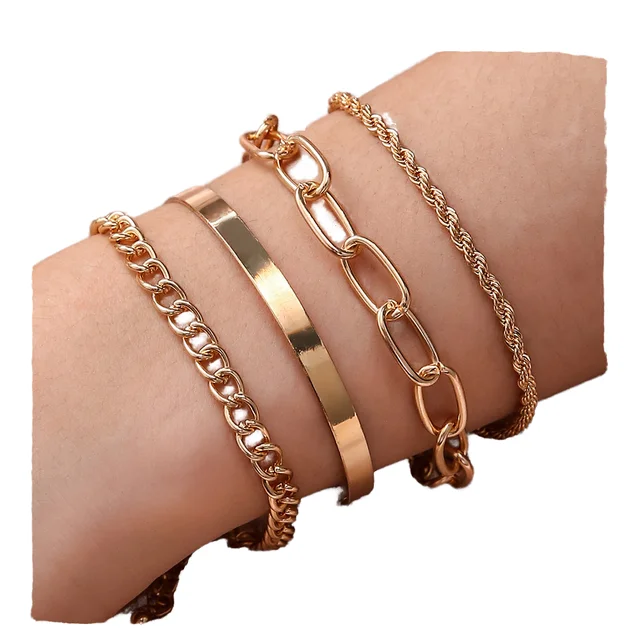 Women's Trendy Gold Bracelet Punk Jewelry-Fashion Chunky Flat Cable Chain 4-Piece Boho Layered Bracelets for Parties Gifts