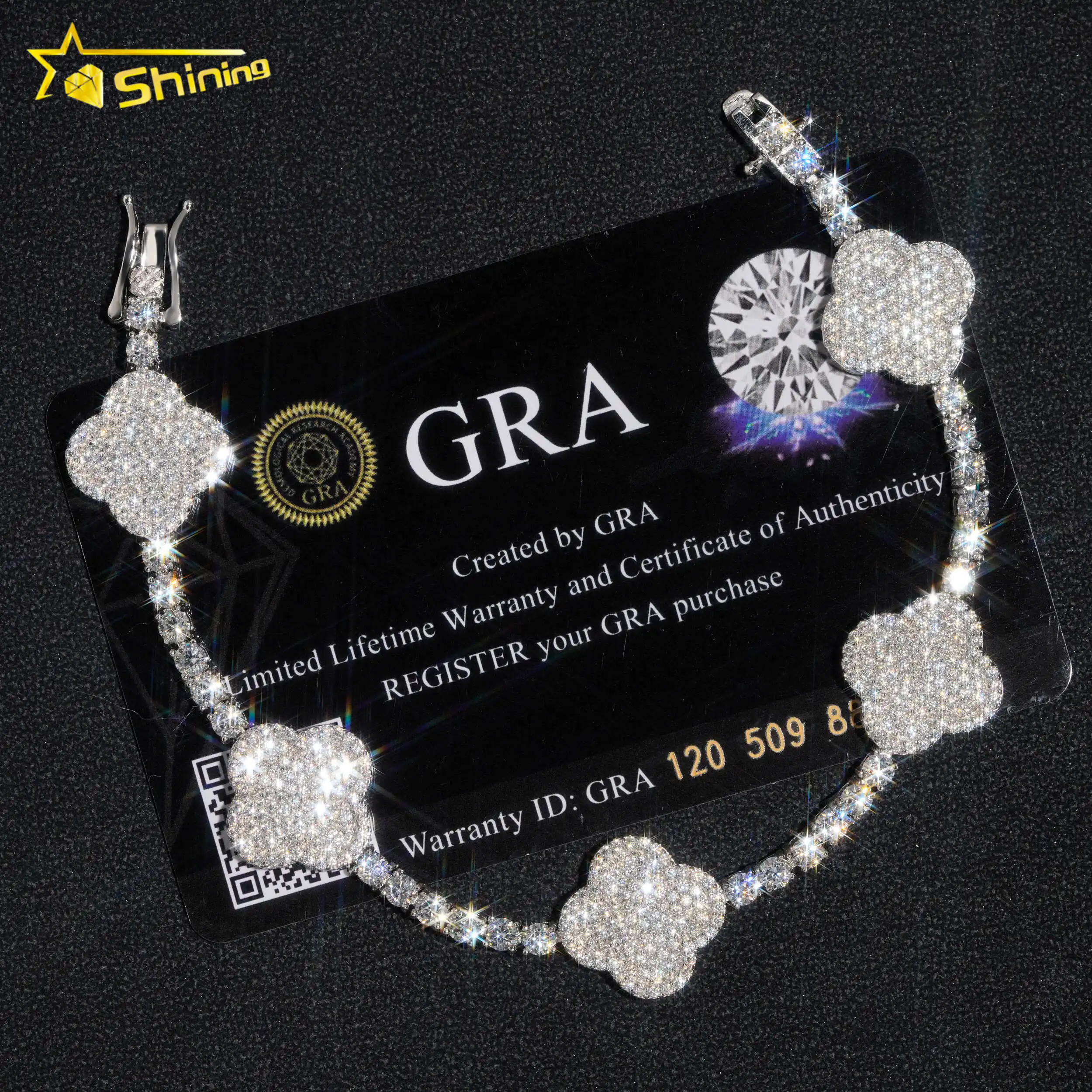 Fashion Femme Gift Jewelry 3mm 925 Sterling Silver VVS Moissanite Lucky Four Leaf Clover Tennis Bracelet For Valentine's Day 222078