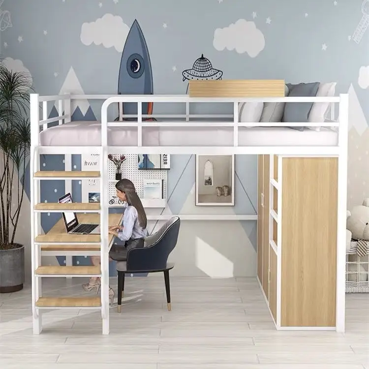 Multifunctional Loft Bed with Thickened Iron Frame and Elevated Desk for Small Apartments Wardrobe Underneath Bed
