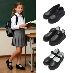 Babyhappy Factory Price Customized Uniform Kids Shoes Girls Mary Jane Flat Black Leather School Shoes for Student