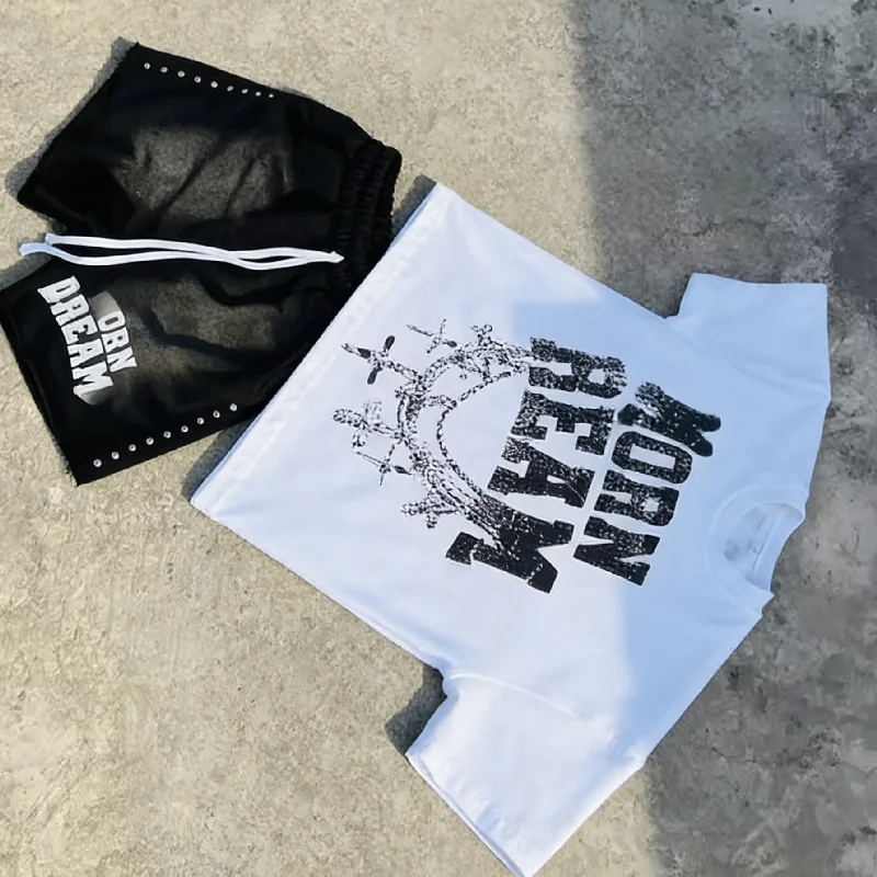 Y2K Vintage Boxy O-Neck T-Shirts for Men Heavyweight Knitted Graphic Print Formal Silk Screen Printing Design Short Set gallery 4