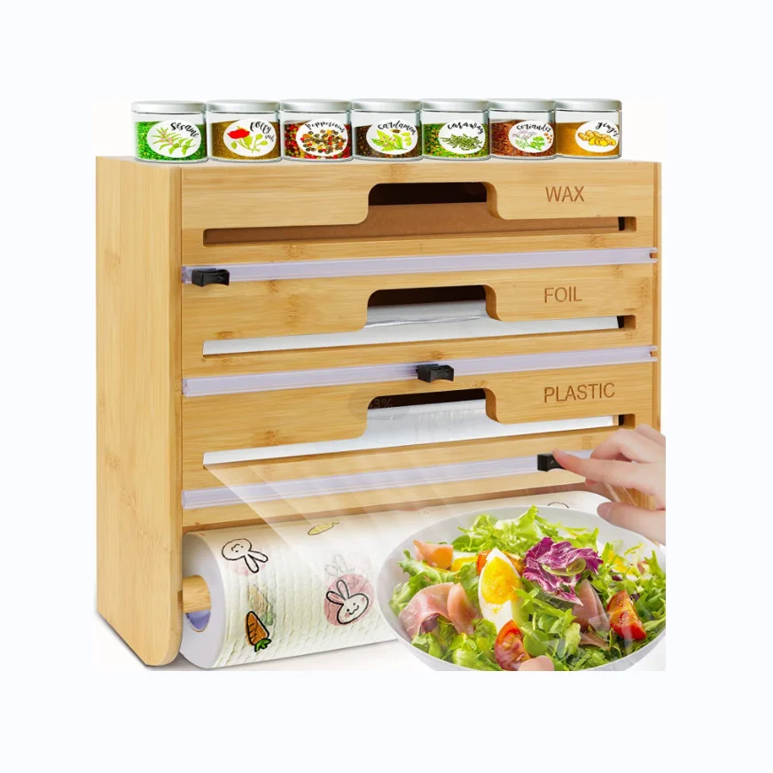 4-in-1 Bamboo Wrap Dispenser with Cutter & Spice Rack Wall Mount/Countertop Foil Plastic Wax Paper Organizer for Kitchen Storage